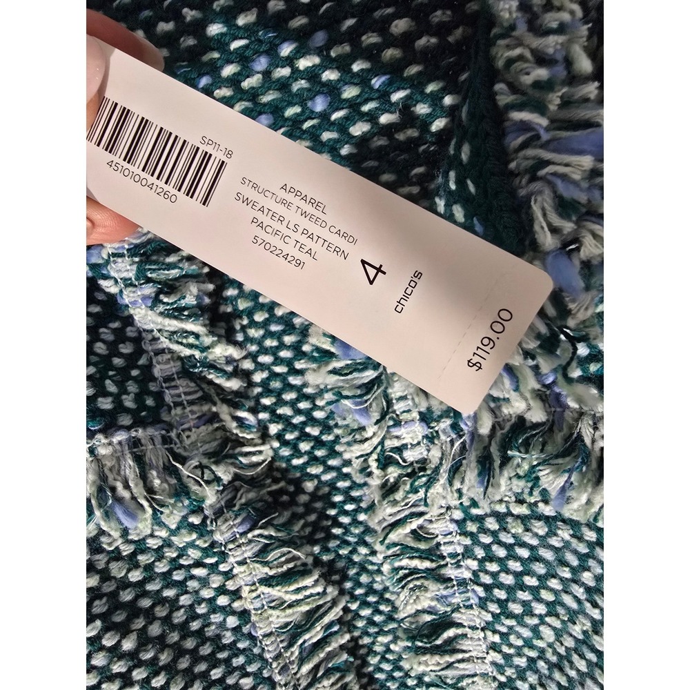 Chico's Pacific Teal Fringe Tweed Cardigan Jacket Knit Women's Size 4 - Picture 6 of 10
